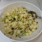 Mix potatoes with celery, pickle and onion.